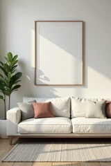 Minimalist living room with empty photo frames and artwork, abstract artwork, neutral color palette