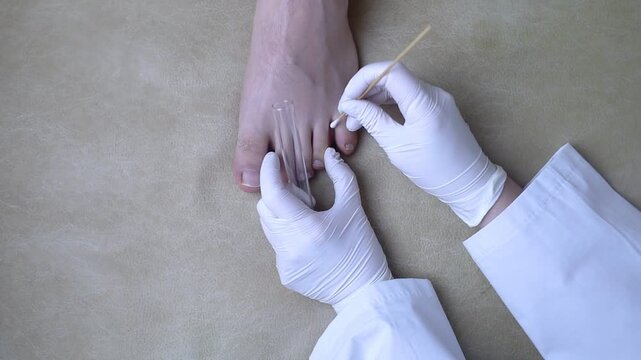 Dermatologist using a cotton swab and test tube to take a swab sample from a patient's leg. Diagnosis of fungal infection, scraping fungal  and microbiological examination