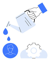 Hand with watering can dripping water onto user profile and gear. Growth, development, innovation, progress, teamwork, potential, skill-building. Ideal for enhancement management flat simple