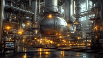 A modern factory with industrial mixers blending liquid chemicals, surrounded by digital control panels.