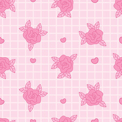 Pink Coquette seamless pattern Pink Rose on checkered background with hearts. Romantic Girly Vibe. Trendy aesthetic Floral patterned backdrop template. Vector illustration