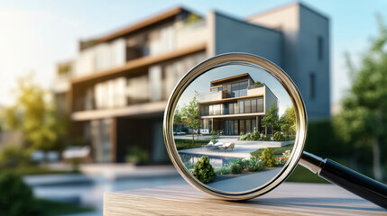 Modern Home Exterior Reflection in Magnifying Glass with Garden