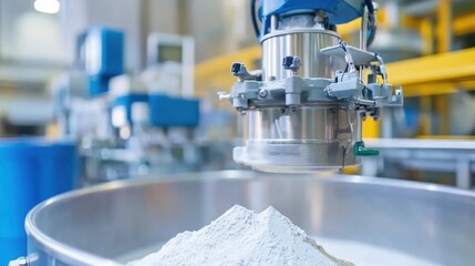 Close-up of an industrial mixing drum rotating, blending powdered materials under automated precision controls.