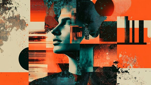 A bold, futuristic poster design featuring pixelated textures, high-contrast colors, and digital glitch elements