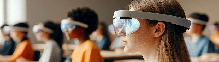 A modern classroom with holographic teachers where students use wearable tech for organized creative projects copy space for photo. Future learning