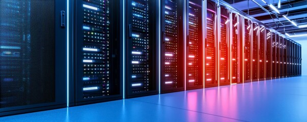A modern data center with illuminated server racks showcasing technology and connectivity in a high tech environment. Bright digital hub.