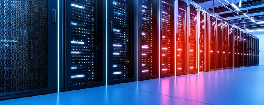 A modern data center with illuminated server racks showcasing technology and connectivity in a high tech environment. Bright digital hub.