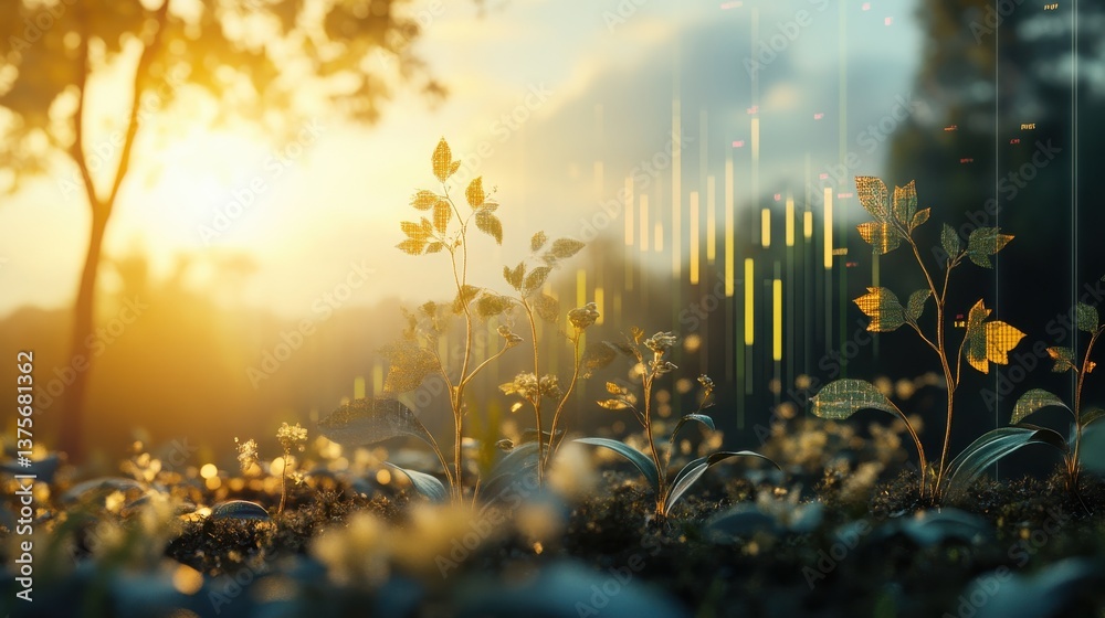 Aufkleber Digital Future Concept: Plants Growing with Technology Overlay and Financial Data Visualizations at Sunset
