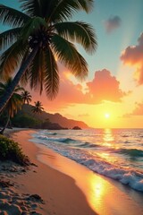Fototapeta premium Palm trees swaying in tropical ocean breeze with sandy shoreline and warm sunset glow, sunset, beach, coastal