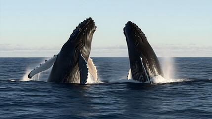 Two Humpback Whales Breaching in the Ocean