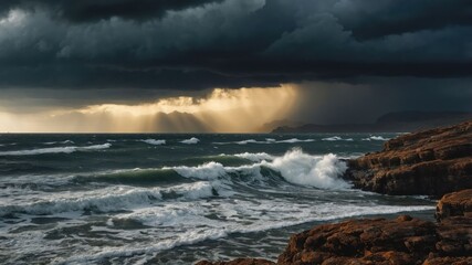 Obraz premium Ocean Waves Crashing on Rocky Shoreline with Dramatic Stormy Sky