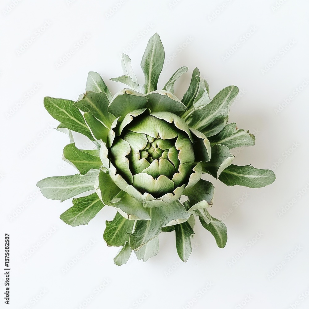 Poster fresh green artichoke with tight leaves lying on a white background offering a striking view from ab