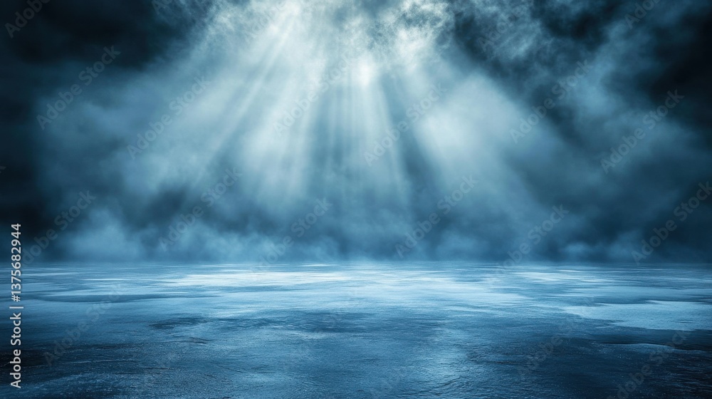 Poster eerie frostbound expanse bathed in ethereal light with a vaporous atmosphere and a vast, reflective 