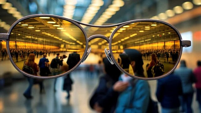Travel Vision: A captivating depiction of the bustling travel environment, reflected in a pair of sunglasses, symbolizing the filtered and enhanced perception of the world.