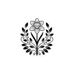 Elegant Black and White Floral Design - Daffodil and Foliage Emblem