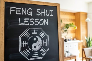 feng shui lesson class notice on chalk board bagua mirror