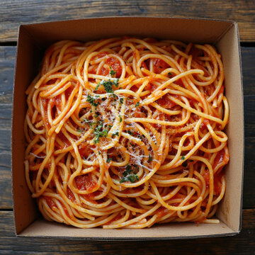 photo of spaghetti in a cardboard box
