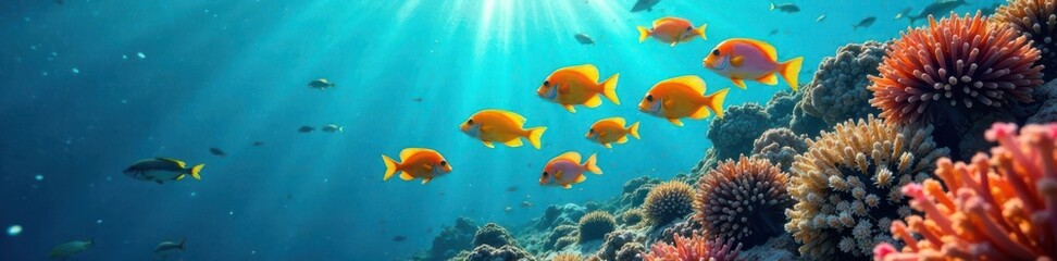 Naklejka premium School of colorful fish swimming together in a coral reef , ocean views, schools of fish