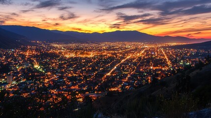 Panoramic sunset view of city lights nestled in mountains.