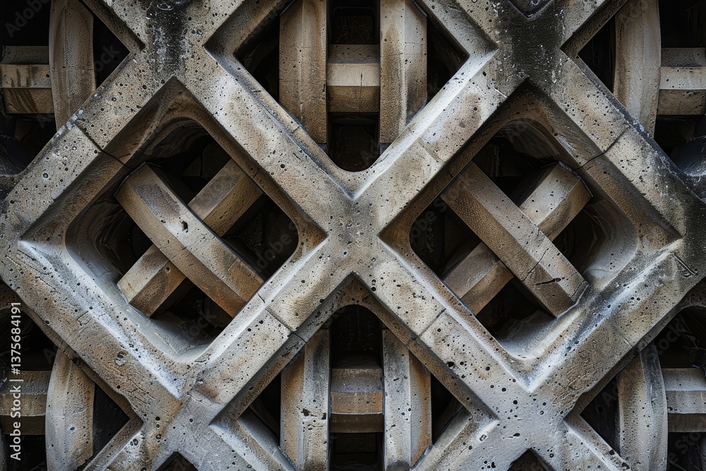 Poster a close-up view of a symmetrical concrete latticework pattern with interlocking geometric shapes, ge