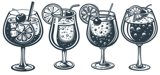 Aperol cocktail set with ice and slice of orange for cocktail bar or drink summer party. Aperol spritz alcohol cocktail vector with gin for tee print of beach bar and cafe menu.