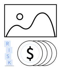 Minimalist graph with rising curve, sun, stacked coins with dollar sign, RISK letters. Ideal for finance, investment, metrics, decision-making, economic analysis strategy planning abstract line
