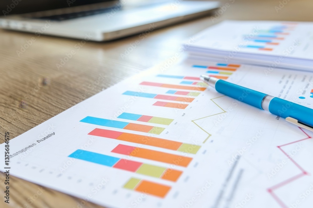 Poster close-up of desk with blue pen on data analysis report, displaying bar graphs and line graph for cam