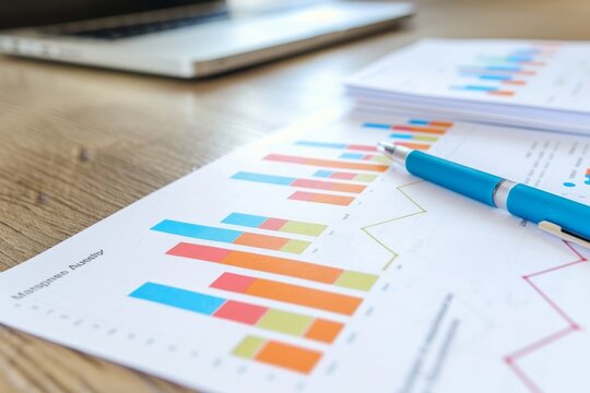 Close-up of desk with blue pen on data analysis report, displaying bar graphs and line graph for campaign metrics, Monitoring and tracking campaign performance metrics - Powered by Adobe