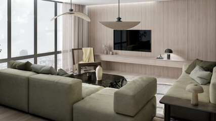 Large luxury modern bright interiors Living room mockup illustration 3D rendering image