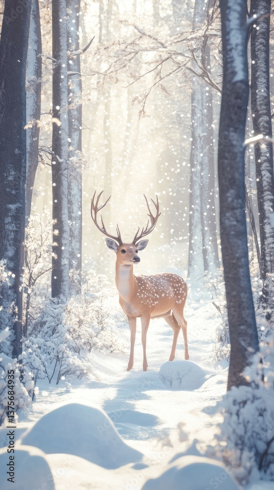 Poster Majestic Deer Stands in Snowy Forest Clearing with Sun Rays Filtering Through Trees creating magical winter scene