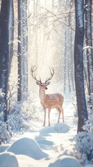 Majestic Deer Stands in Snowy Forest Clearing with Sun Rays Filtering Through Trees creating magical winter scene