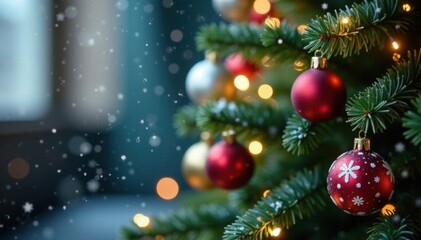 Obraz premium Snowflakes falling on a festive Christmas tree, snow, serene, festive