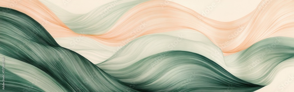 Poster Fluid pencil strokes create flowing waves in muted shades of green and peach, forming a serene abstract pattern