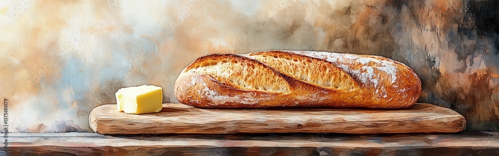 Poster watercolor still life painting of crusty bread loaf with butter resting on a rustic wooden board aga