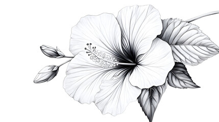 Fototapeta premium Hibiscus flower outline illustration, Freehand sketching flower, Black and white with line art illustration.