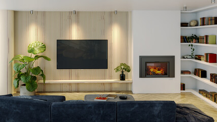 Large luxury modern bright interiors Living room mockup illustration 3D rendering image