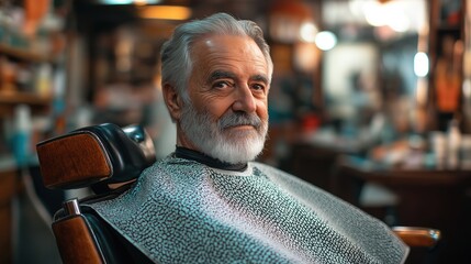 Elderly man in a barber chair, warm light, blurred shop background, conveying timeless tradition and quiet reflection.