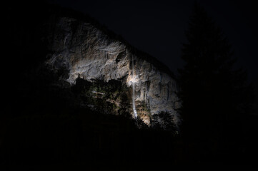 Night view of the Staubbachfall waterfall in Interlaken, Switzerland