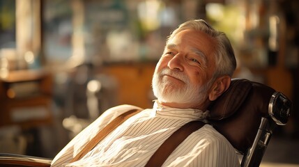 Elderly man in a barber chair, warm light, blurred shop background, conveying timeless tradition and quiet reflection.