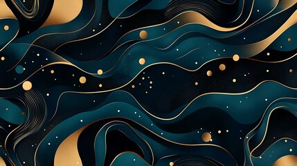 A seamless luxury pattern with geometric and organic shapes in deep navy, gold, and teal, evoking elegance and sophistication