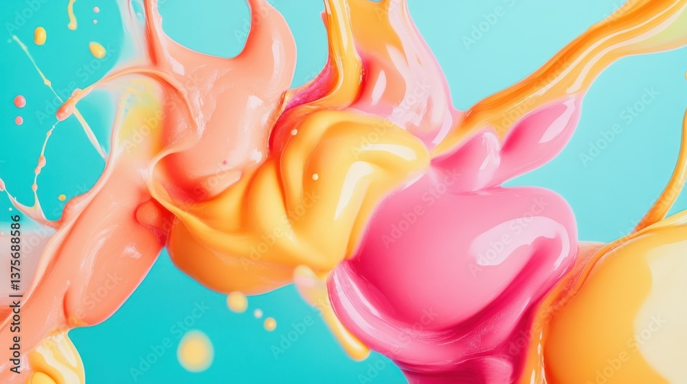 Poster Smooth colorful blobs in warm peach, coral, pink, and yellow create an abstract macro art piece against a bright teal background
