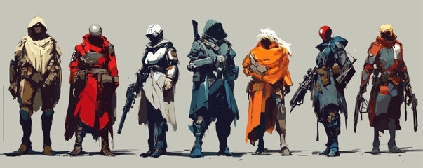 Futuristic warrior characters: seven armored figures with weapons against neutral background - vector.