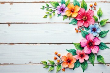 Watercolor floral wreath on a distressed wood background, vintage style, wooden background, floral patterns