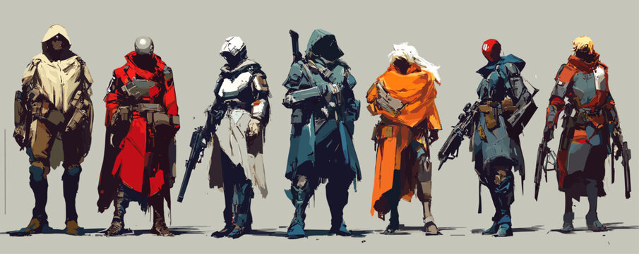 Futuristic warrior characters: seven armored figures with weapons against neutral background - vector.