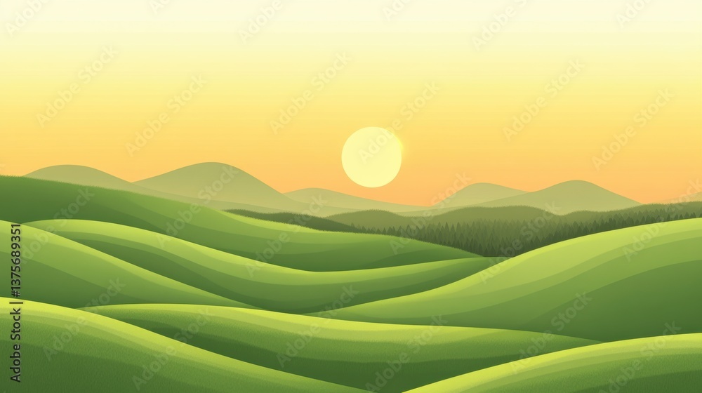 Poster serene sunset over green rolling hills landscape with silhouette trees and soft lighting, creating a