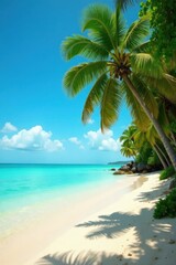 Obraz premium Warm sandy shore with swaying palm fronds and turquoise waters, warm sand, tropical