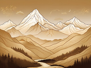 Elegant Golden Mountain Line Illustration