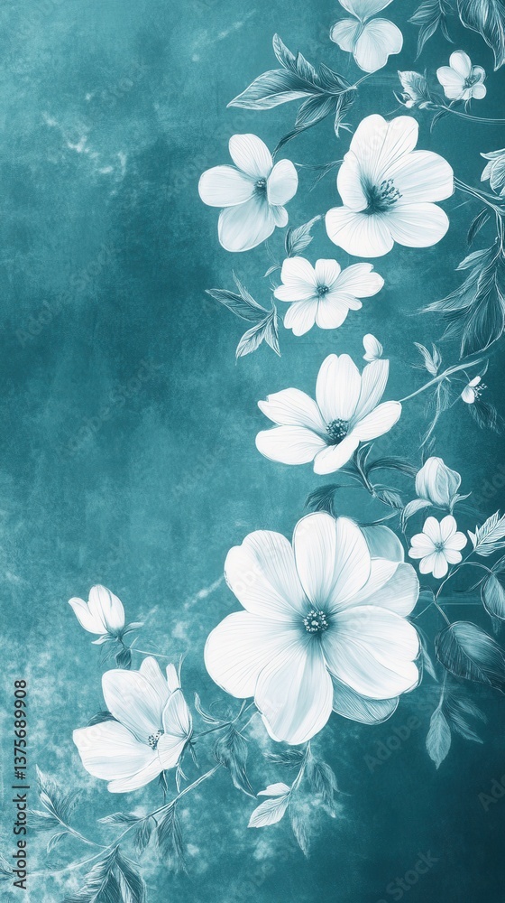 Poster minimalistic white floral sketches on a gradient teal background