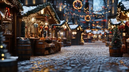 Fototapeta premium Snowy Christmas market street at night with wooden stalls, lights, and decorations.