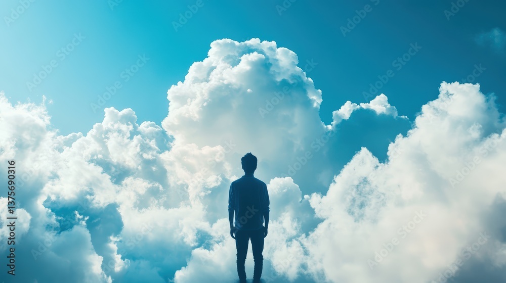 Poster a person standing on a hill overlooking a cloudy sky representing business efficiency through cloud 
